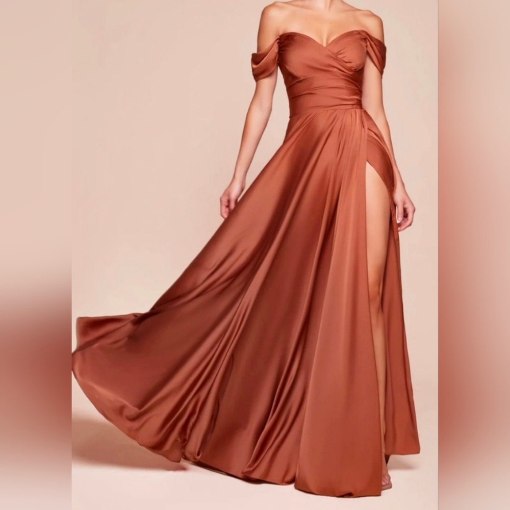 NWT- Gorgeous, Sienna Colored, Satin, Off-Shoulder Dress W/Sweetheart Neckline